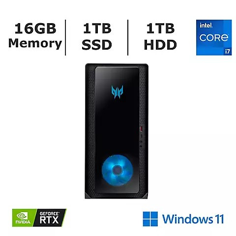 Acer Predator Orion 3000 PO3-640-UR12 Gaming Desktop, Intel Core i7-12700F Processor, 16GB Memory, 1TB SSD, GeForce RTX 3070