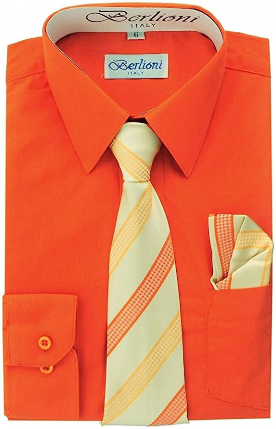 Berlioni Italia - Camisa de vestir para niños con corbata y manga larga, color naranja
