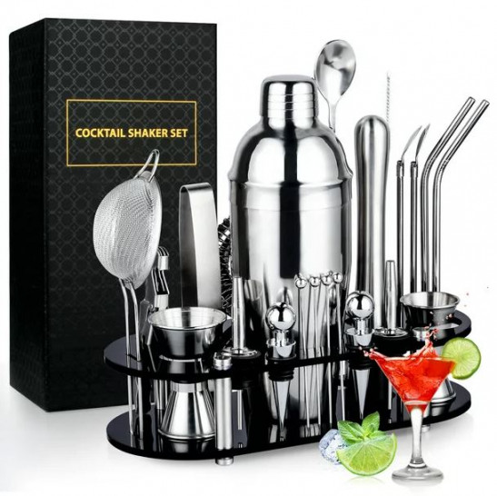 16 Piece Cocktail Shaker Set, Wood Stand Bartender Kit & Mini Bar