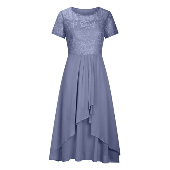 Bigersell Going Out Dresses for Women Solid Short Sleeve Round Neck Lace Chiffon Mesh Waist Party