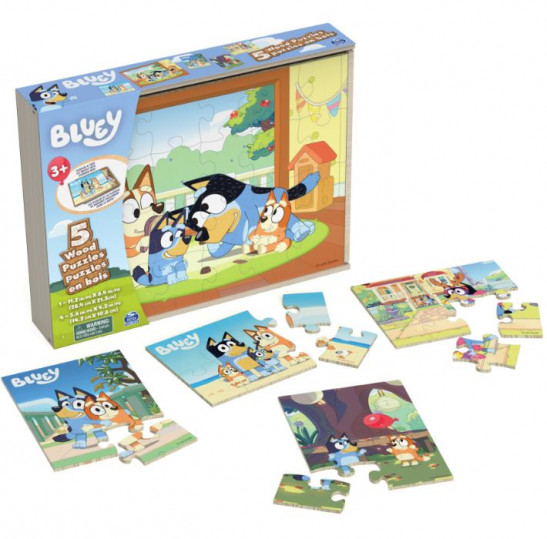 Bluey, 5 Wood Puzzles Jigsaw Bundle with Tray