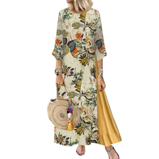 Calzi Women 3/4 Sleeve Shirt Dress Ethnic Sundress Splcing Long Dresses Color Block Floral Print