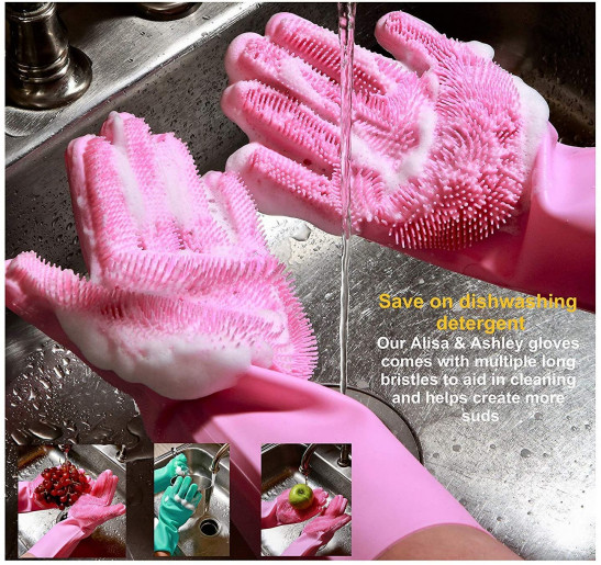 Dishwashing Gloves Brush Magic Scrubber Magic Dishwashing Cleaning Sponge Gloves Reusable Silicone Brush Scrubber Gloves Heat Resistant for Dishwashing Kitchen Bathroom Cleaning Pet Hair Care Car Washing (Pink)