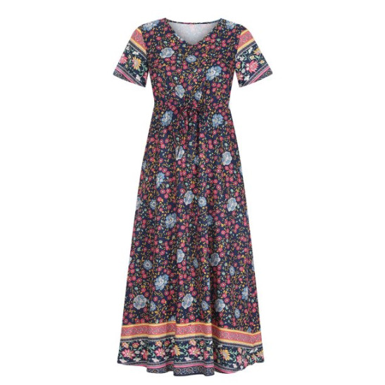 GBSELL Bohemian Dress for Women Short Dress Vintage Dress Women'S V Neck Loose Sleeve Print Ankle Length Dress Sleeves Tie Waist Ethnic Boho Dress Navy Blue Xl Women'S Fa