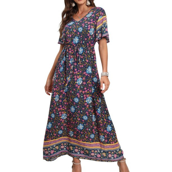 GBSELL Bohemian Dress for Women Short Dress Vintage Dress Women'S V Neck Loose Sleeve Print Ankle Length Dress Sleeves Tie Waist Ethnic Boho Dress Navy Blue Xl Women'S Fa