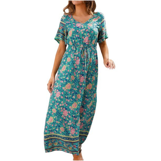 GBSELL Bohemian Dress for Women Short Dress Vintage Dress Women'S V Neck Loose Sleeve Print Ankle Length Dress Sleeves Tie Waist Ethnic Boho Dress Navy Blue Xl Women'S Fa
