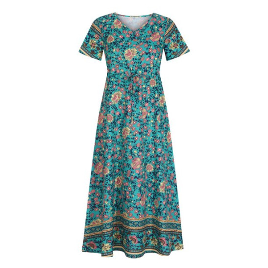 GBSELL Bohemian Dress for Women Short Dress Vintage Dress Women'S V Neck Loose Sleeve Print Ankle Length Dress Sleeves Tie Waist Ethnic Boho Dress Navy Blue Xl Women'S Fa