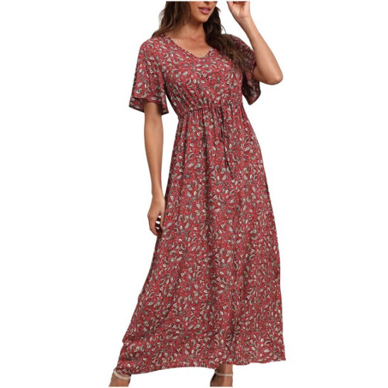 GBSELL Bohemian Dress for Women Short Dress Vintage Dress Women'S V Neck Loose Sleeve Print Ankle Length Dress Sleeves Tie Waist Ethnic Boho Dress Navy Blue Xl Women'S Fa