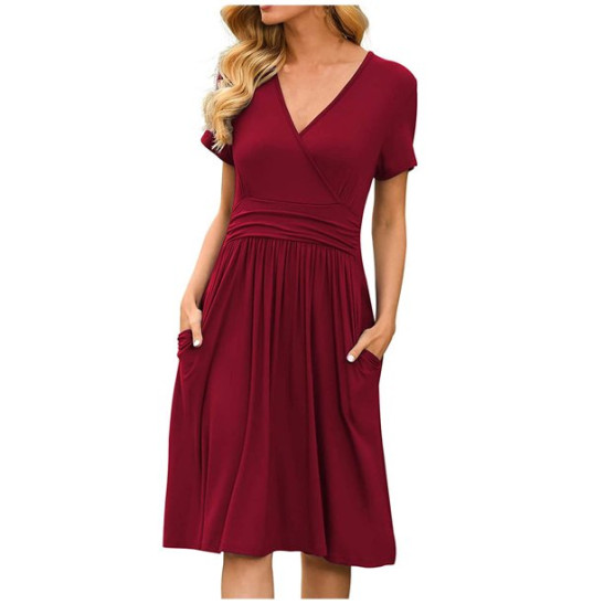 LWZWM Boho Dress for Women Ethnic Dress Solid Color V-Neck Pocketed Short Sleeve Dress Dinner Dress Daily Dress Club Dress Boho Dress 50s Dress Vacation Dress Tennis Dress