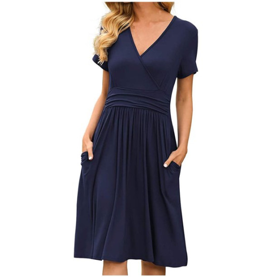LWZWM Boho Dress for Women Ethnic Dress Solid Color V-Neck Pocketed Short Sleeve Dress Dinner Dress Daily Dress Club Dress Boho Dress 50s Dress Vacation Dress Tennis Dress