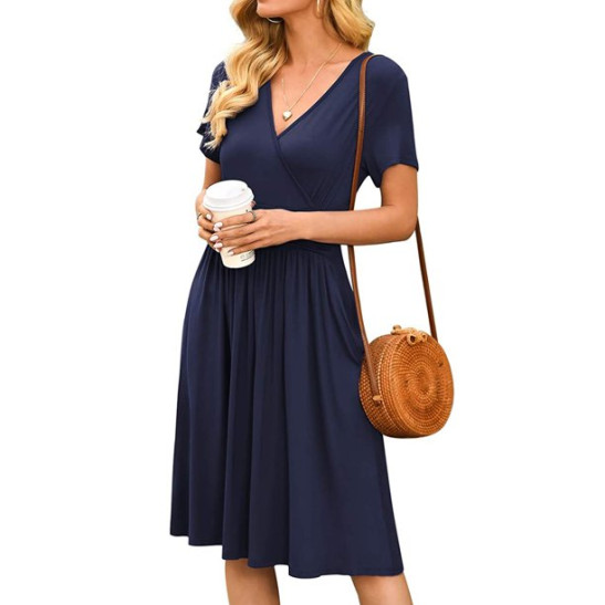 LWZWM Boho Dress for Women Ethnic Dress Solid Color V-Neck Pocketed Short Sleeve Dress Dinner Dress Daily Dress Club Dress Boho Dress 50s Dress Vacation Dress Tennis Dress
