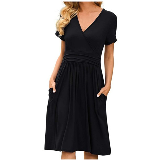 LWZWM Boho Dress for Women Ethnic Dress Solid Color V-Neck Pocketed Short Sleeve Dress Dinner Dress Daily Dress Club Dress Boho Dress 50s Dress Vacation Dress Tennis Dress