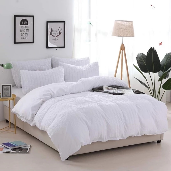 auelife woven seersucker duvet cover set, 3 pieces chic splicing bedding set,zipper closure with corner ties-king white