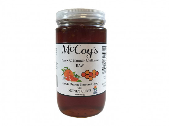 Miel cruda con peine de miel – Puro todo natural sin filtrar y sin pasteurizar – McCoy's Honey Florida Florida, tarro de miel de flor de naranja 16 oz