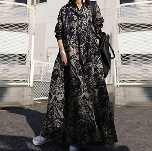 Niuer Oversized Cotton Linen Maxi Dress for Women Winter Long Sleeve Casual Loose Long Dress Plus Size Ladies Vintage Maxi Kaftan Ethnic Holiday Tunic Shirt Dress