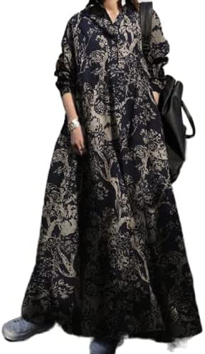 Niuer Oversized Cotton Linen Maxi Dress for Women Winter Long Sleeve Casual Loose Long Dress Plus Size Ladies Vintage Maxi Kaftan Ethnic Holiday Tunic Shirt Dress