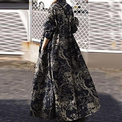 Niuer Oversized Cotton Linen Maxi Dress for Women Winter Long Sleeve Casual Loose Long Dress Plus Size Ladies Vintage Maxi Kaftan Ethnic Holiday Tunic Shirt Dress