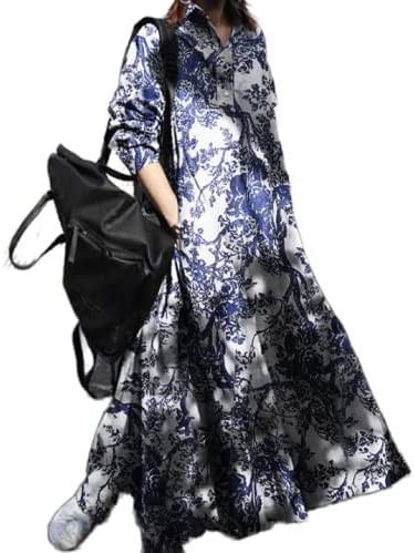 Niuer Oversized Cotton Linen Maxi Dress for Women Winter Long Sleeve Casual Loose Long Dress Plus Size Ladies Vintage Maxi Kaftan Ethnic Holiday Tunic Shirt Dress