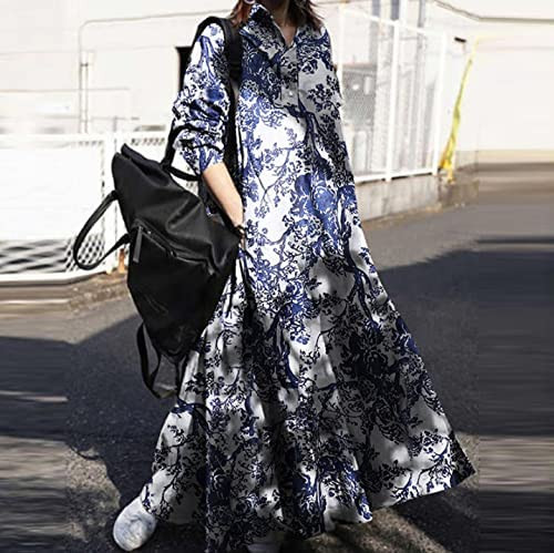 Niuer Oversized Cotton Linen Maxi Dress for Women Winter Long Sleeve Casual Loose Long Dress Plus Size Ladies Vintage Maxi Kaftan Ethnic Holiday Tunic Shirt Dress