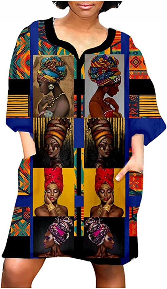 oiangi Summer Casual Dresses for Women Pockets Mid Dress V-neck Fashion African Vintage Print Middle Sleeve Dress XS-XXXXL
