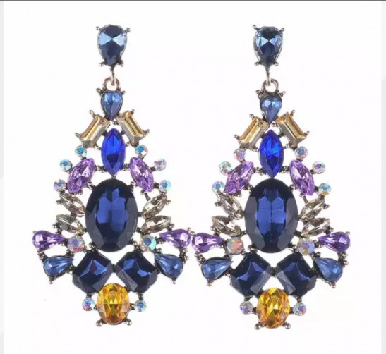 purple, blue & gold crested pendant earrings