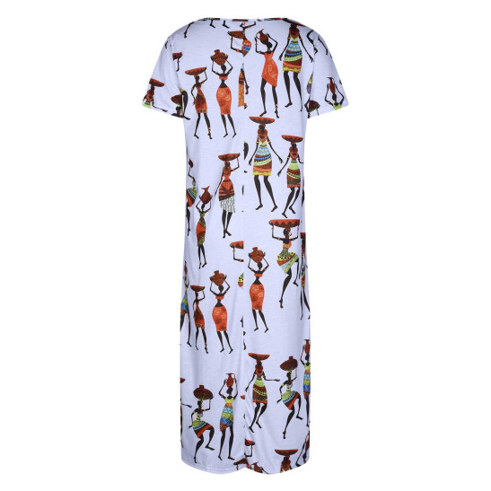 Shift Dress for Womens Short Sleeve Boat Neck Maxi Dresses Ethnic Style Vintage Printed Sundress Side Split Sleep Dress