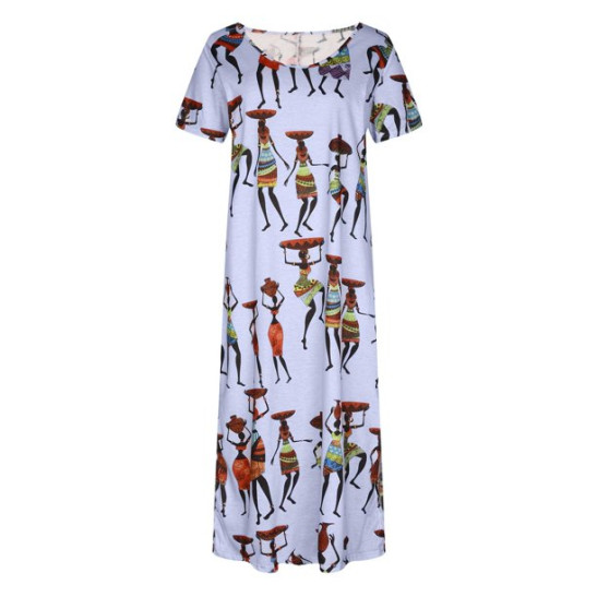Shift Dress for Womens Short Sleeve Boat Neck Maxi Dresses Ethnic Style Vintage Printed Sundress Side Split Sleep Dress