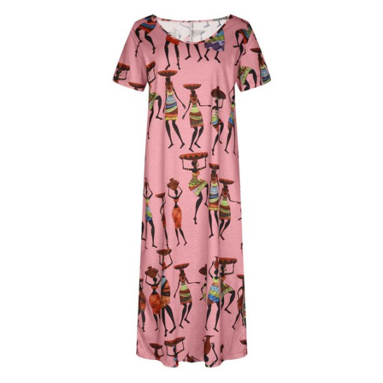 Shift Dress for Womens Short Sleeve Boat Neck Maxi Dresses Ethnic Style Vintage Printed Sundress Side Split Sleep Dress