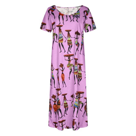 Shift Dress for Womens Short Sleeve Boat Neck Maxi Dresses Ethnic Style Vintage Printed Sundress Side Split Sleep Dress