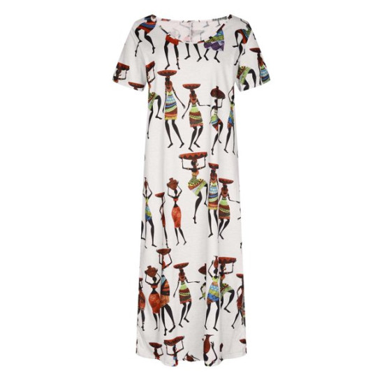 Shift Dress for Womens Short Sleeve Boat Neck Maxi Dresses Ethnic Style Vintage Printed Sundress Side Split Sleep Dress