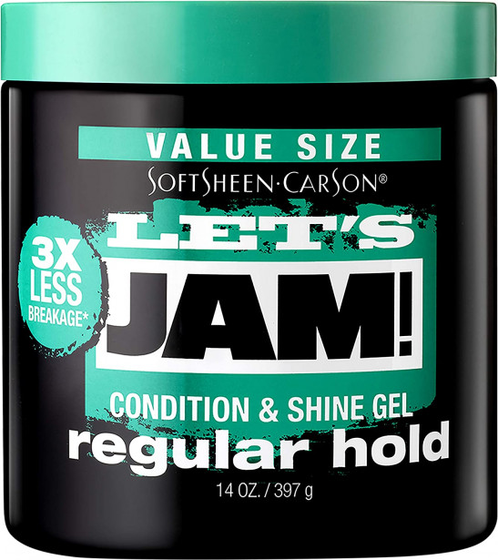 SoftSheen-Carson Let's Jam! Gel de cabello brillante y acondicionador por Dark and Lovely, Regular Hold, todo tipo de cabello, gel ideal para trenzar, torcer y bordes lisos, agarre adicional, 14 oz