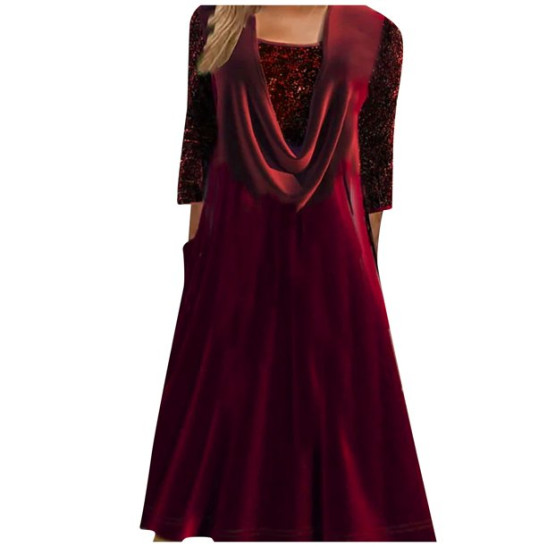 STEADY Women's Fashionable Gold Velvet Patchwork Vintage Large Hem Dress Muslim Ethnic Style 3/4 Sleeve Dress womens dres,Wine/2XL