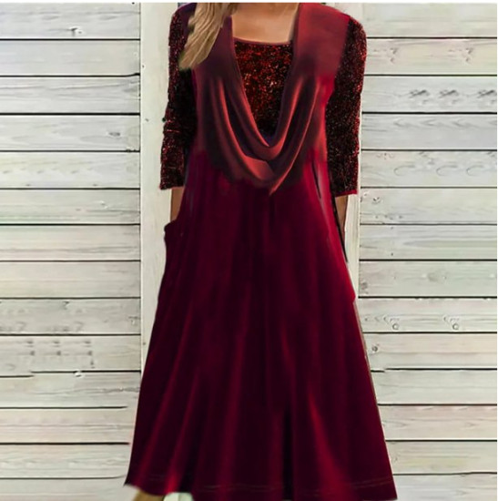 STEADY Women's Fashionable Gold Velvet Patchwork Vintage Large Hem Dress Muslim Ethnic Style 3/4 Sleeve Dress womens dres,Wine/2XL