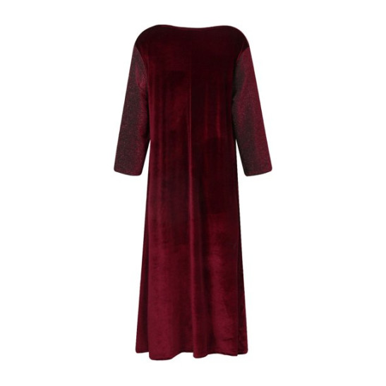 STEADY Women's Fashionable Gold Velvet Patchwork Vintage Large Hem Dress Muslim Ethnic Style 3/4 Sleeve Dress womens dres,Wine/2XL