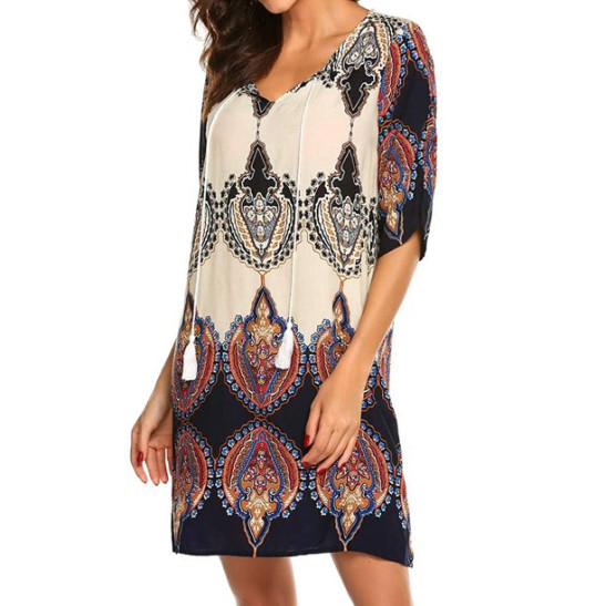 Summer Dresses For Women 2022 Women's Vintage Ethnic Style Printed Tassel Loose Bohemian Tunic Dress