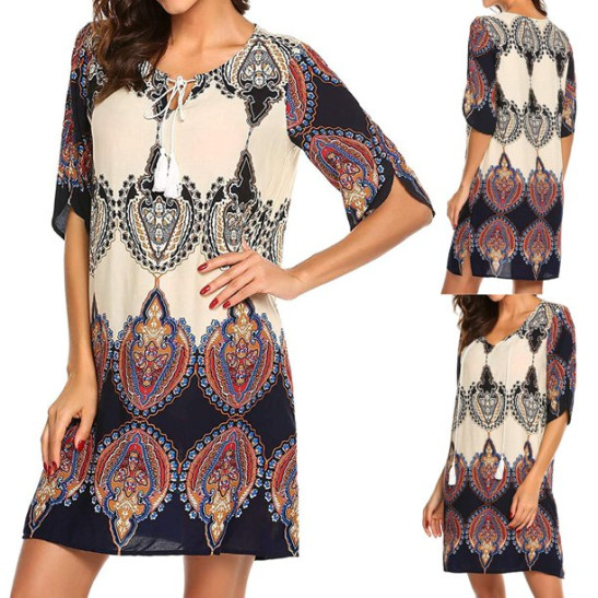 Summer Dresses For Women 2022 Women's Vintage Ethnic Style Printed Tassel Loose Bohemian Tunic Dress