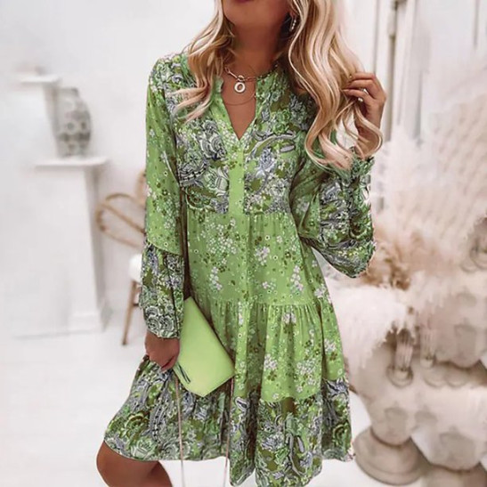Summer Dresses For Women 2022 Womens Vintage Ethnic Style Printed Tassel Tie Neck Loose Fit Bohemian Tunic Dress