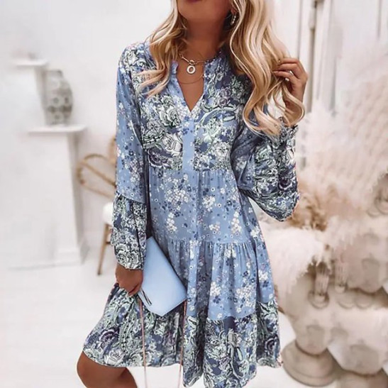 Summer Dresses For Women 2022 Womens Vintage Ethnic Style Printed Tassel Tie Neck Loose Fit Bohemian Tunic Dress