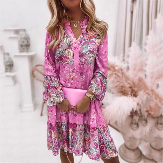 Summer Dresses For Women 2022 Womens Vintage Ethnic Style Printed Tassel Tie Neck Loose Fit Bohemian Tunic Dress