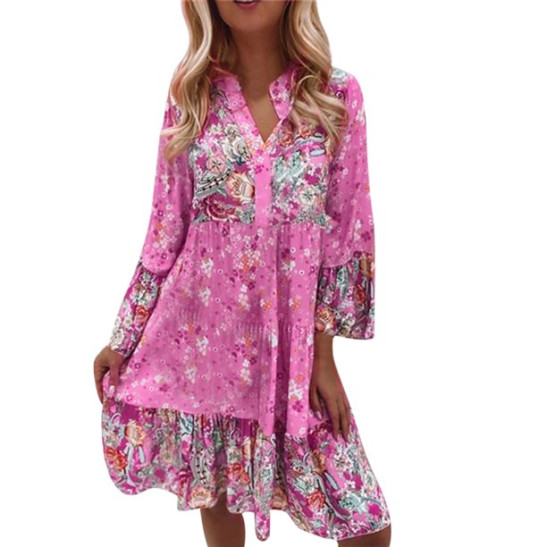 Summer Dresses For Women 2022 Womens Vintage Ethnic Style Printed Tassel Tie Neck Loose Fit Bohemian Tunic Dress