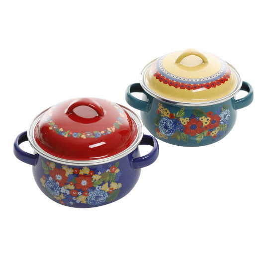 The Pioneer Woman Dazzling Dahlias 1-Quart Mini Dutch Oven, Set of 2