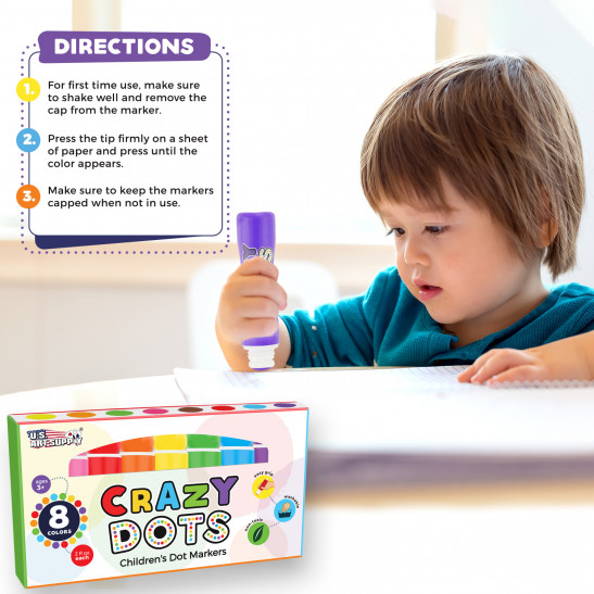 US Art Supply 8 Color Crazy Dots Childrens Dot Markers - Children's Washable Paint Marker Daubers