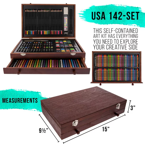 146 Piece Deluxe Art Set with Easel, Wooden Art Box with 2 Drawing Pad,  Drawing Kit with Crayon,Oil Pastel,Colored Pencil,Watercolors Cake,  Creative