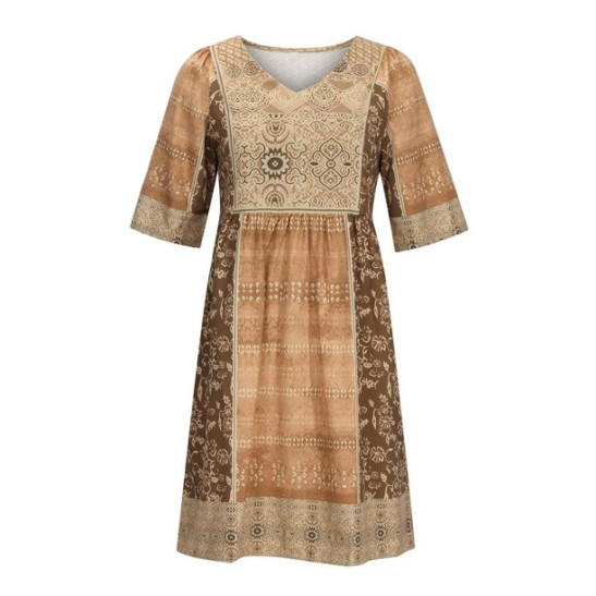 USSUMA Beach Dresses for Women Casual Summer Boho Ethnic Swing TShirt Midi Sun Dress Vintage Floral Print Half Sleeve Plus Sundresses V Neck Vacation Dress Wedding Guest
