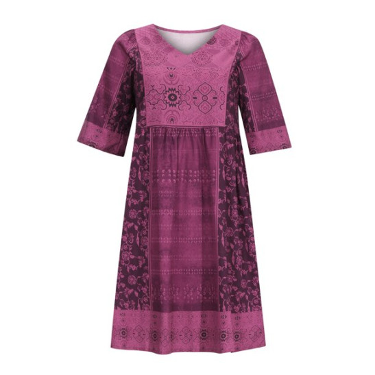 USSUMA Beach Dresses for Women Casual Summer Boho Ethnic Swing TShirt Midi Sun Dress Vintage Floral Print Half Sleeve Plus Sundresses V Neck Vacation Dress Wedding Guest
