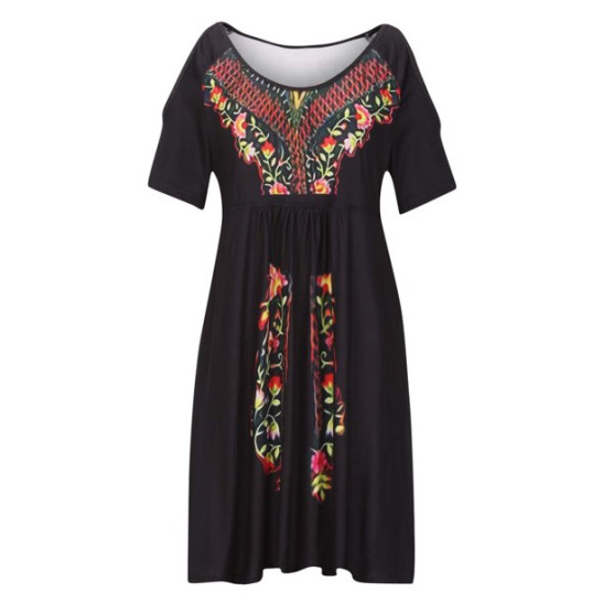USSUMA Dress for Women Wedding Guest Short Sleeve Cold Shoulder Tunic Swing Midi Summer Dress Casual Ethnic Floral Print Vintage 2022 Sundresses Beach V Neck Womens Sun Dresses