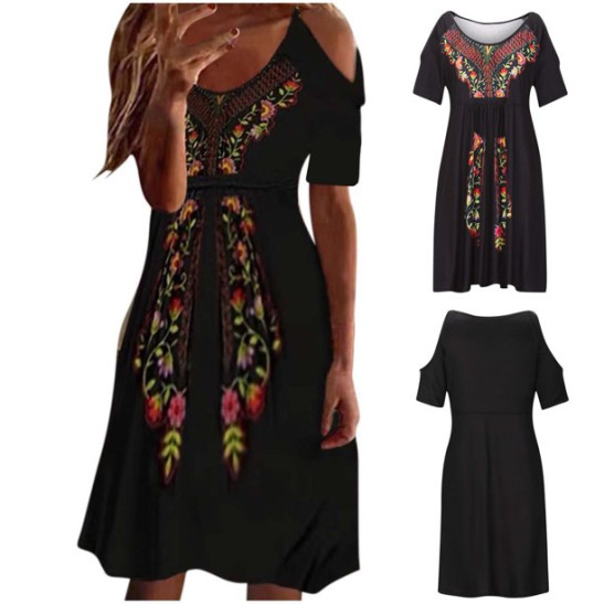 USSUMA Dress for Women Wedding Guest Short Sleeve Cold Shoulder Tunic Swing Midi Summer Dress Casual Ethnic Floral Print Vintage 2022 Sundresses Beach V Neck Womens Sun Dresses