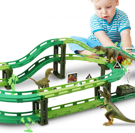Vimzone Dinosaur Toys, Dinosaur World Road Race Car Track Set, Flexible Track Playset with 1 Car and 3 Dinosaurs Toys for 3 4 5 6 Year Up Old boy Girls Gift