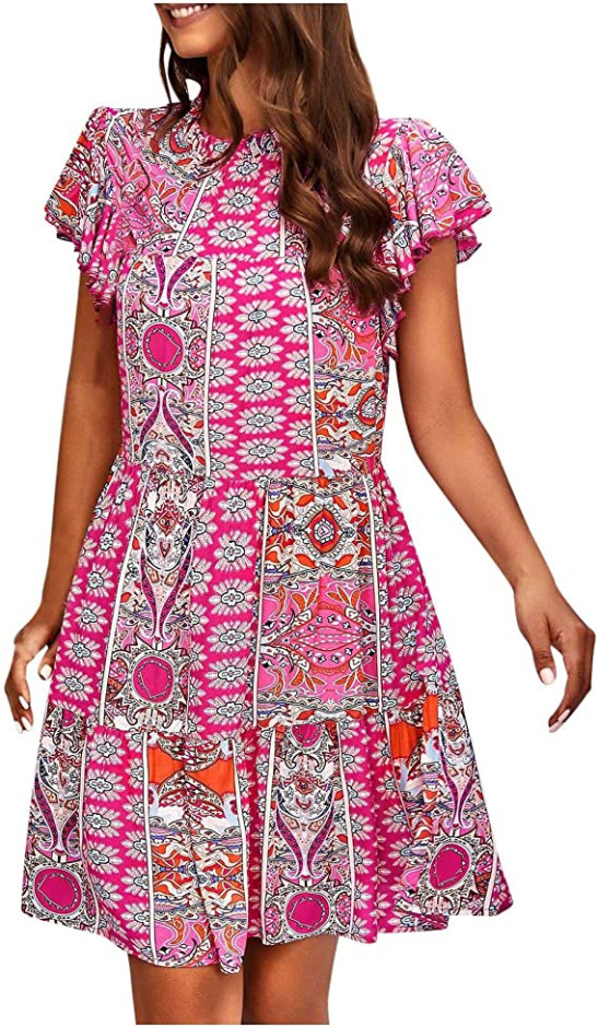 Women's 2023 Summer Dress Vintage Ethnic Style Printed Short Sleeved Beach Dress Fashion Ruffle Pleated Swing Holiday Dress