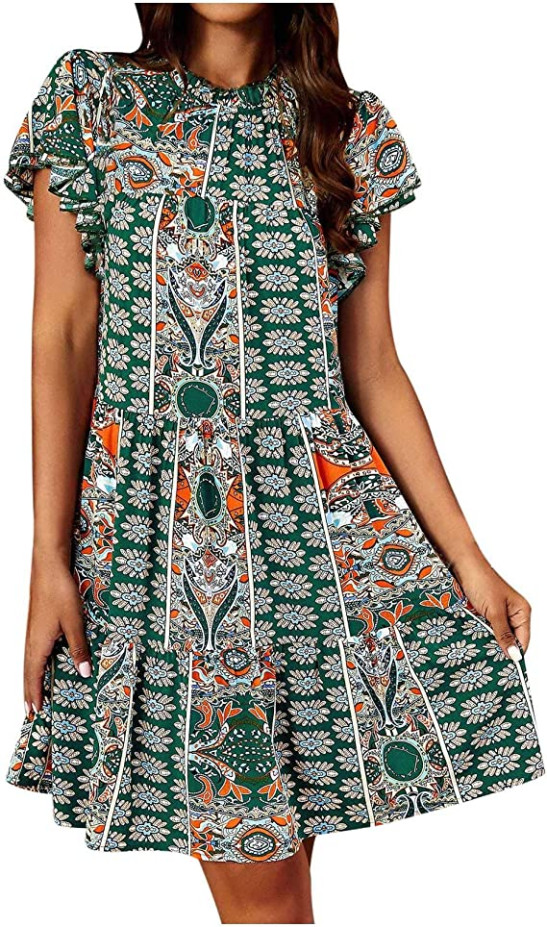 Women's 2023 Summer Dress Vintage Ethnic Style Printed Short Sleeved Beach Dress Fashion Ruffle Pleated Swing Holiday Dress